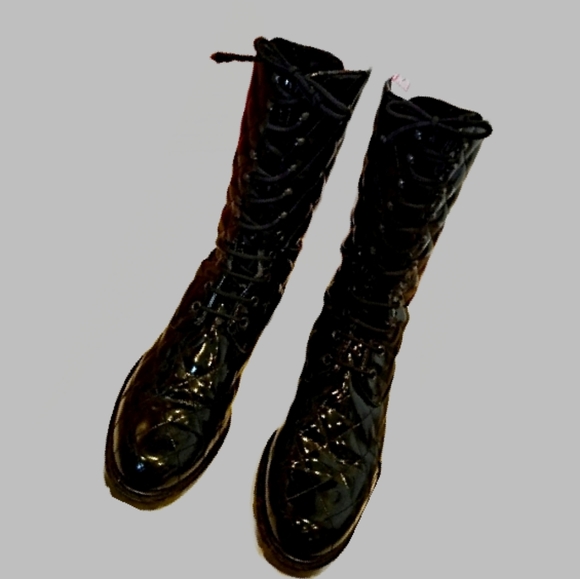 Vintage Shoes - Nouchka Black Patent leather quilted Combat Boots.